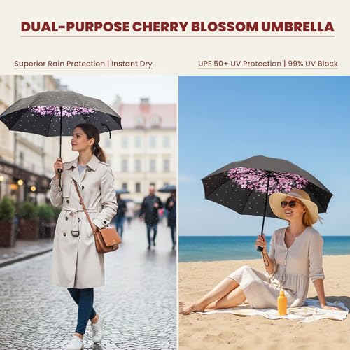 Image of SIEPASA Compact Travel Umbrella - Windproof Auto Open /Close, Small Folding Umbrella for Rain & Sun with UPF50+ - Lightweight Frame, Waterproof - Fits Backpack, Purse, Suitcase.(Pink Cherry Bossom)