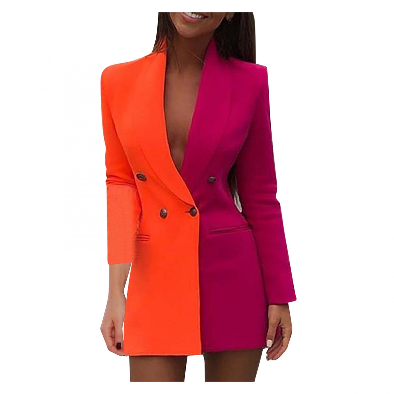 POIUDE Women Colorblock Casual Blazers Suit Jackets Long Sleeve Work Office Double Breasted Bodycon Blazer Dress