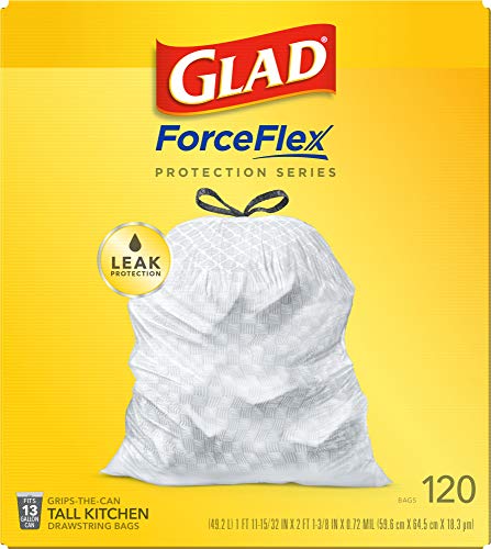 Glad ForceFlex Tall Kitchen Drawstring Trash Bags 13 Gallon White Trash Bag, Unscented 120 Count (Package May Vary)
