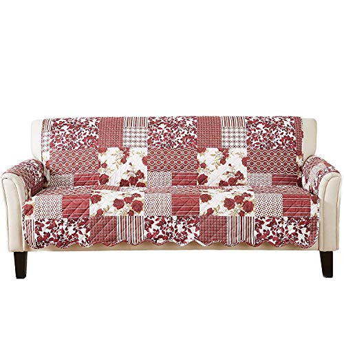 Image of Great Bay Home Reversible Patchwork Sofa Cover - Washable Slipcover Furniture Protector with Elastic Straps - Perfect for Kids & Pets - Box-Stitched Detail (Burgundy)