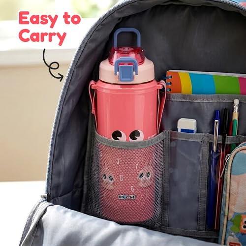 Image of Nayasa Kiddy Duo-Sip Insulated Inner Steel Kids Water Bottle 700-635ml | BPA-Free, Food Grade | Cute Bunny Print | Dual Sipping Modes | With Strap, Handle - Pink