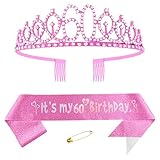 60. Geburtstags Krone und Schärpe für Damen Kristall Queen Tiara Princess Crown Rosa Birthday Schärpe 60th Geburtstagskrone Frau Geburtstagsschärpe Frauen Geburtstag Dekoration Geburtstagsgeschenk