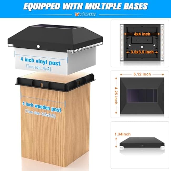 VOLISUN 4x4 Solar Fence Post Lights Outdoor 8pack,Post Cap Light for 4x4 Wooden/Vinyl Post,Black Deck Cap Light Solar Powered for Garden/Patio/Porch