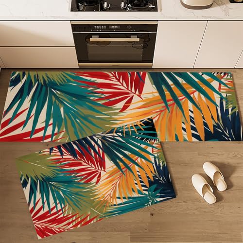 MLSOWM Kitchen Runner Rug 2 Pieces, Absorbent Tropical Palm Leaves Kitchen Mats with Nonslip Backed Beach Theme Carpet Rugs Soft & Machine Washable, 40x60cm+40x120cm Green