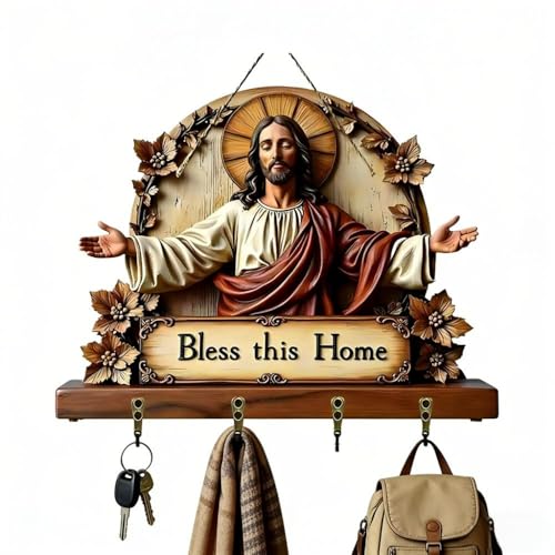Bless This Home Wood Key Holder Wall Mount 2D Flat May God Bless Key Hooks - image 3