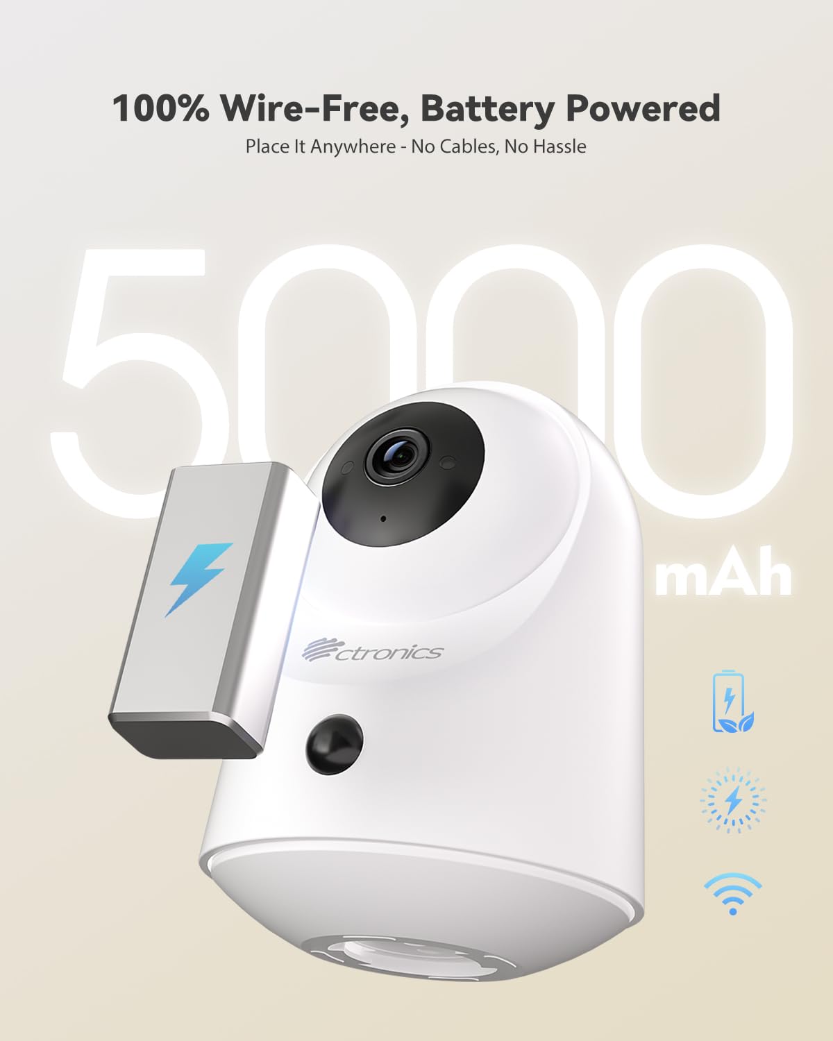 Ctronics Caméra sans Fil 2K Alimentée par Batterie Surveillance WiFi | Double Bande 2,4/5GHz, Vision Nuit 20m, PIR, Audio bidirectionnel, Stockage 128Go/cloud, Compatible PC/App