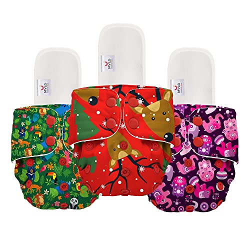 Image of Mylo Leak Proof Baby Cloth Diaper Combo (3 Diaper & 3 Inserts) for 3 Months to 3 Years Babies | Oeko Tex Certified Washable & Reusable Baby Cloth Diaper | Free Size - Jungle, Celebration & Purple Love