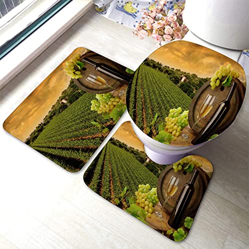Badezimmerteppich-Set, 3-teilig, Weintrauben und Sonnenuntergang, waschbarer Badteppich, rutschfest, mit Rückenpolster, Konturteppich und Toilettendeckelbezug