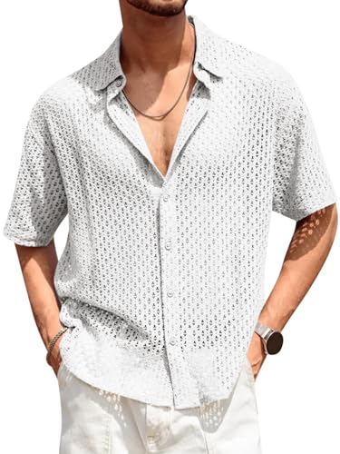 Runcati Mens Button Down Shirt Knit Crochet Hollow Out Short Sleeve Sweater Casual Summer Tops