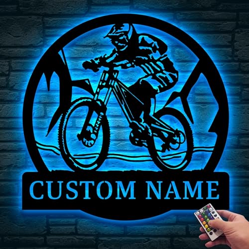 Image of Personalized Downhill Mountain Biking Monogram Metal Sign Art LED Light, Custom Mountain Biking Metal Sign, Lover Sign Decoration For Living Room