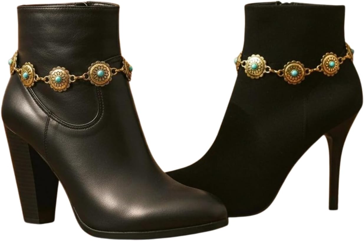 Women's western boot chain anklet, antique gold metal links with turquoise flower conchos, boho festival fashion accessory BC177