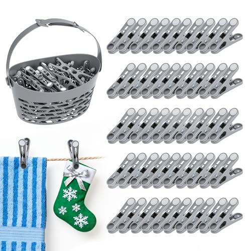 50 Pinces à Linge avec Panier de Rangement, Corbeille à Linge Portable et Solide Epingle a Linge pour Cordes à Linge et Séchage de Vêtements