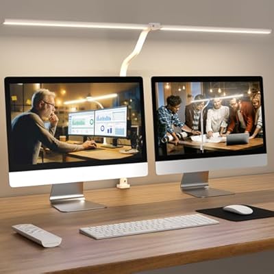 APMIEK LED Desk Lamp for Home Office, Remote Control LED Desk Light with Color Changing Dimmable Computer lamp with Flexible Gooseneck, 24W, Double Head, White