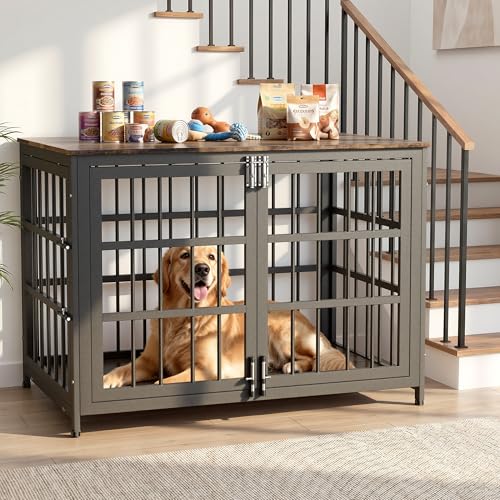 Heavy Duty Dog Crate Furniture 38In Indestructible Cage for High Anxiety Dogs with Wooden Table for Indoor Decorative Escape-Proof Locks & Double Door for Medium Large XL Dog Aged Black