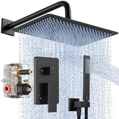 Kit de sistema de ducha KES Rain Shower, cabezal rectangular de 12 pulgadas, kit de válvula de ducha empotrada en pared, juego de grifería negro con ducha lluvia de alta presión y ducha manual, certificado cUPC, modelo XB6242S12-BK miniatura 1
