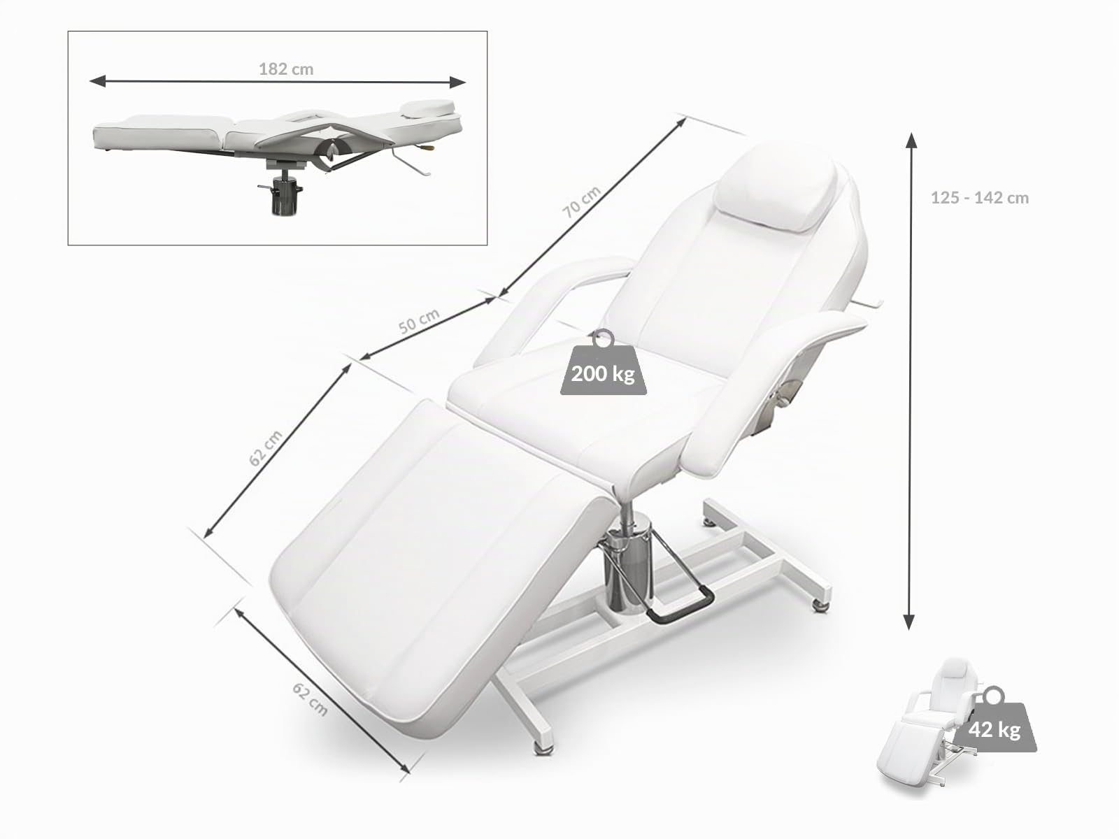 QUIRUMED Sillón hidráulico Pro, 3 cuerpos, Color Blanco, Estructura metálica, Giratorio 360º, Reposapiés Ajustable, Agujero Facial, Reposabrazos extraíbles, hasta 200 kg