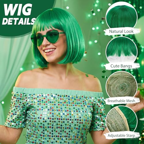 Image of Chunyin 2 Pieces Party Wigs and Sunglasses Set, Neon Short Bob Wig Costume Cosplay Colorful Wig Hairpieces for Bachelorette Neon Party Favors, Halloween, Decorations (Green)