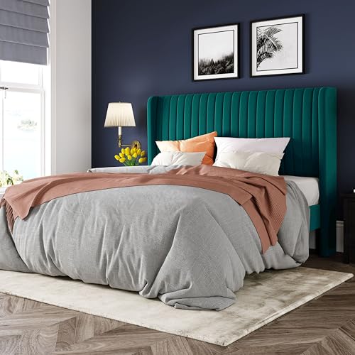 Image of Allewie Queen Size Bed Frame /Velvet Upholstered Platform Bed /Vertical Channel Tufted Wingback Headboard /Strong Wooden Slats /No Box Spring Needed /Easy Assembly /Teal