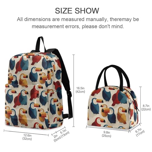 Cartoon Hornbill Print Backpack Set with Lunch Bag, Large Capacity Travel Backpacks and Lunch Box Insulated for Commute Hiking Picnic2