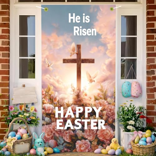 Image of Religious Easter Door Cover He is Risen Happy Easter Cross Door Banner Christian Easter Door Covers for Front Door Spring Easter Decorations 35x71 Inch