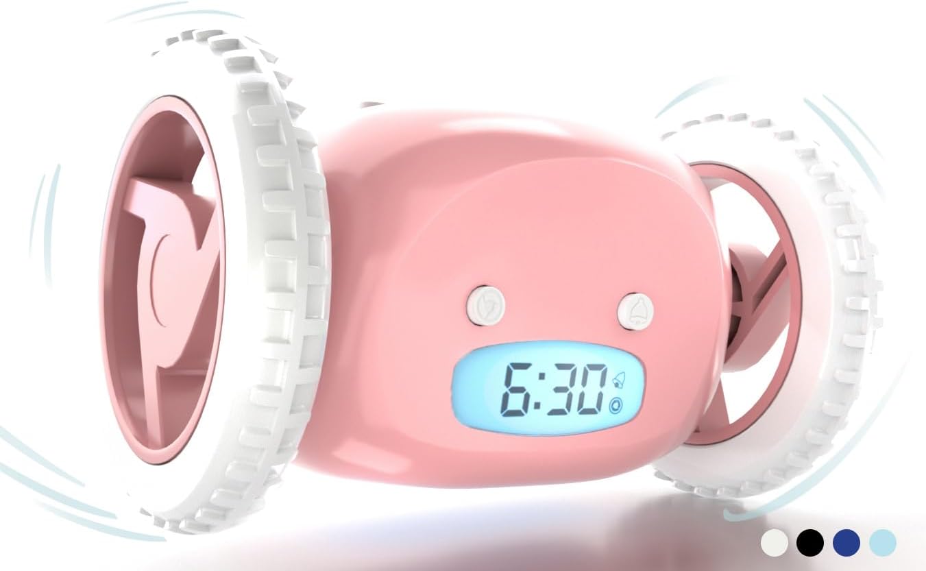 CLOCKY Alarm Clock on Wheels (Authentic) | Extra Loud for Heavy Sleeper (Adult or Kid Bed-Room Robot Clockie) Funny, Rolling, Run-away, Moving, Jumping (Pink)