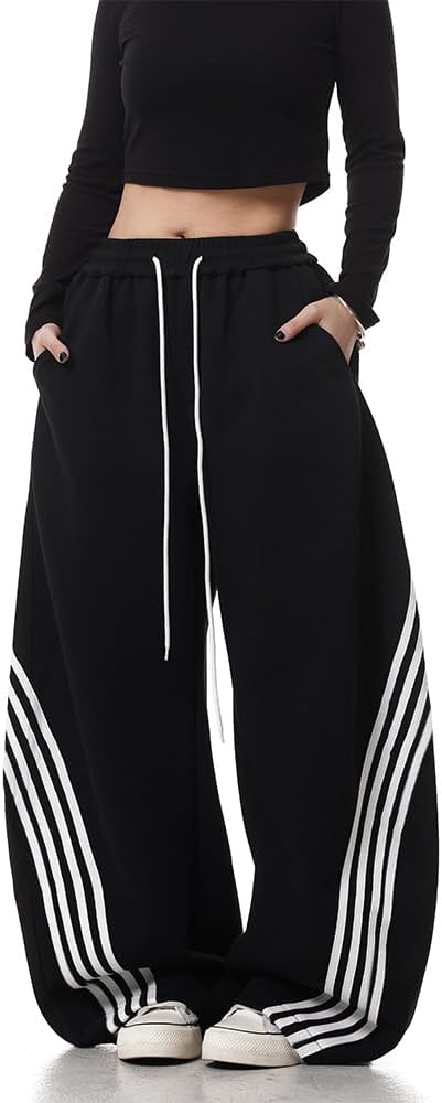 EMMIOL Women’s Y2K Baggy Barrel Striped Sweatpants, High Waisted Wide Leg Pants, Joggers with Drawstring Waist and Cuffs
