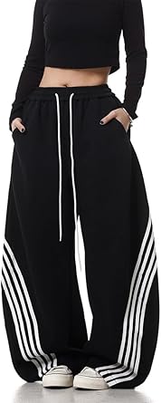 EMMIOL Womens Y2K Baggy Barrel Striped Sweatpants, High Waisted Wide Leg Pants, Joggers with Drawstring Waist and Cuffs