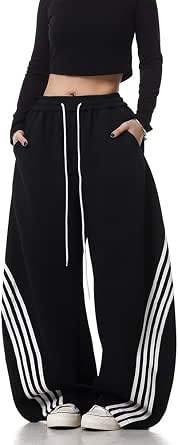 EMMIOL Women's Y2K Baggy Barrel Striped Sweatpants, High Waisted Wide Leg Joggers