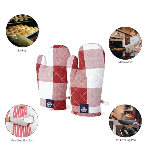 Image of Encasa XO Oven Gloves for Microwave (2 pc Set) - Heat Proof, Thick & Safe | Longer 18x30 cm Mittens for Protection in Kitchen Cooking & Baking - Buffalo Red Checks