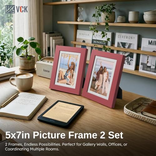 Image of VCK 5x7 Picture Frame 2 Pack, Red Wood, 4x6 Mat, Glass, for Photo Print