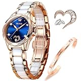 OLEVS Montres pour Femme à remontage Automatique en Or Rose avec Diamants Robes de Luxe Bracelet en céramique Blanche