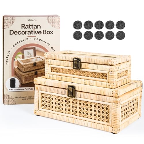 Eclatoris Rattan Decorative Box with Lid & Secure Lock | Decorative Box with Lids for Home Decor | Rattan Display Box | Boho Storage Box | Wicker Basket Organizer | Includes 10x Non-Scratch Felt Pads