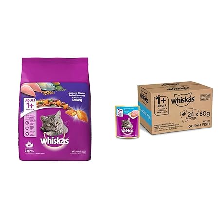 Whiskas Adult (+1 Year) Dry Cat Food, Mackerel Flavour, 3Kg Pack & Adult (+1 Year) Wet Cat Food, Ocean Fish, 24 Pouches (24 X 85G)