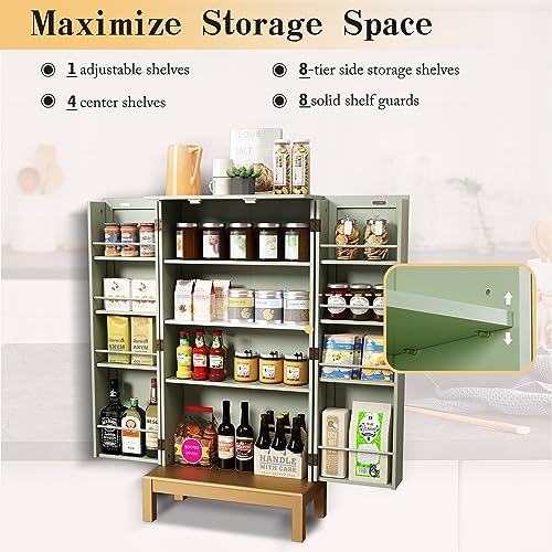 HOLTICO 45'' Kitchen Food Pantry Storage Cabinet with Doors and Adjustable Shelves for Kitchen,Dining Room,Living Room and Garage,Gold Lines and Legs,Green.