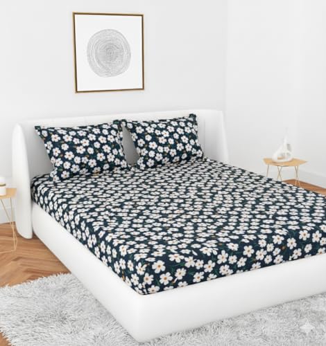 Gleeson 144 TC Queen Size Elastic Fitted Bedsheet for Double Bed (72 x 60 Inches) with 2 Pillow Covers | All Around Elastic | Fits Mattresses up to 8 Inches | Soft & Wrinkle Resistant