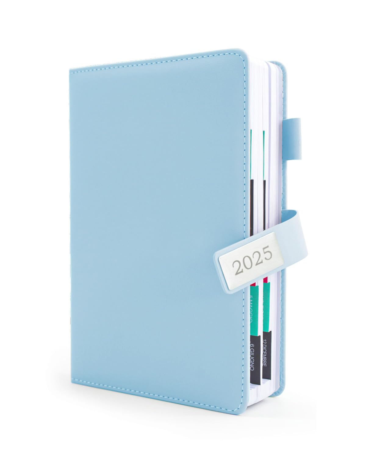 HW CASA Agenda Giornaliera 2025 Taccuino,Formato A5,200 Pagine,Pelle Vegana Macaron,Fibbia Magnetica Argentata,Design a Pagina Singola ed Etichette Mensili Colorate,Calendario e Agenda Mensile,Blu