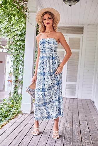 Image of GRACE KARIN Women Strapless Dress Casual Loose Ruched Long Maxi Dress with Pockets