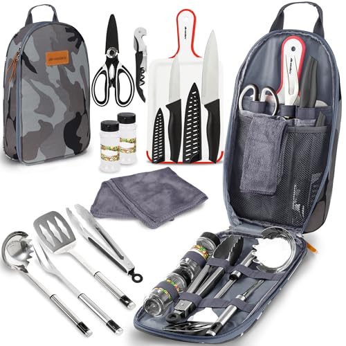 image for Wealers 12 Piece Camp Kitchen Cooking Utensil Set Travel Organizer Gri