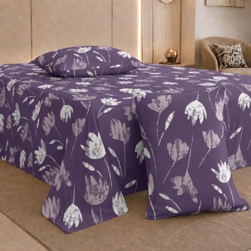 Image of Jaipur Weaves Cotton King Size Bedsheet 108x108 Super King, 100% Pure Cotton Bed Sheet with 2 Pillow Covers, 300 TC Soft Breathable Floral Design Bedding (Purple Tulips, Super King)