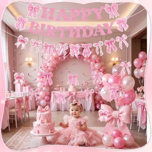 Image of Pink Bow Happy Birthday Banner with Hanging Swirls Decor | Bow Birthday Party Decorations Pink Birthday Party Set for Walls Ceilings Dessert Tables and Covered Patios