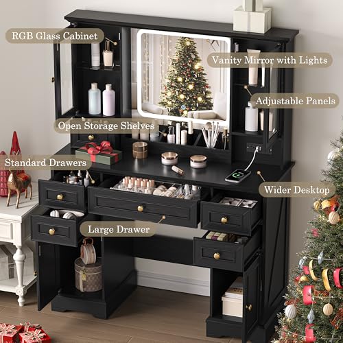 Image of Makeup Vanity Desk with Mirror and Lights, Farmhouse Vanity Table Set with 6 Drawer&Charging Station, Makeup Desk with RGB Cabinets, Black Vanity with Lighted Mirror for Girls Women, 3 Light Modes