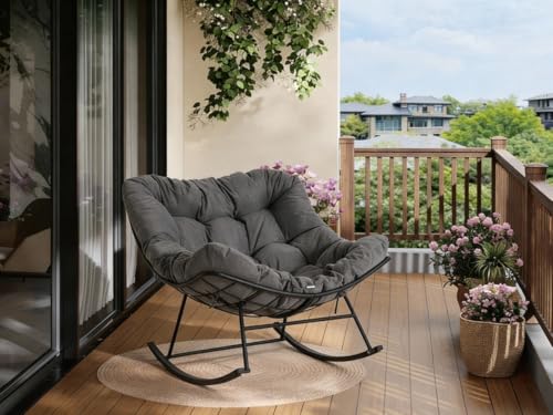PortoAlegre Silla Mecedora para Exterior, Mecedora de Gran Tamaño Moderna con Cojín Acolchado, Estructura de Metal, Sillón de Huevo, para Jardín, Patio