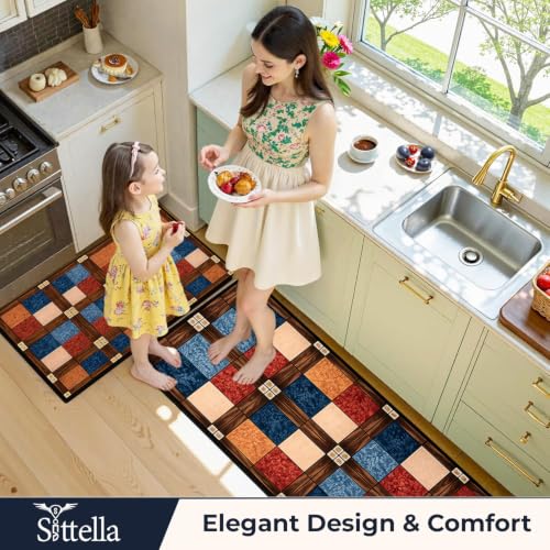 Image of SITTELLA Rubber Kitchen Mats Set, 120x40cm & 40x60cm, Blocks Print | Anti-Skid, Water Absorbent, Rectangular, 2 Mats Set