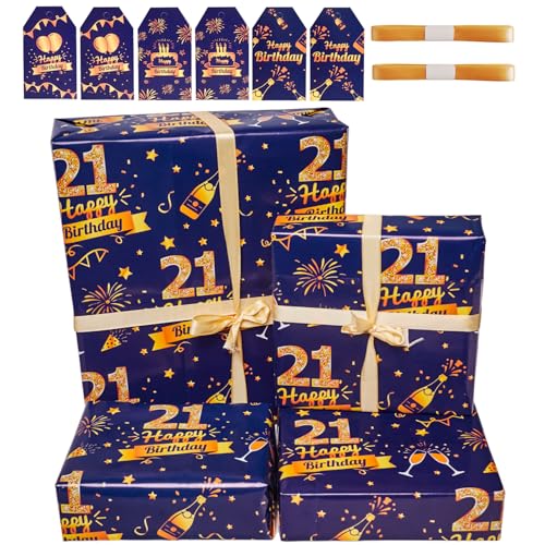 21st Birthday Wrapping Paper Set with Tags Ribbons 6 Sheets 70x50cm Happy Birthday Wrapping Paper Blue Gold Gift Wrap Paper for Men Boys Gift Decorations Recyclable (21st)