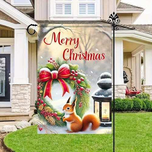 Image of BlissYard Christmas Squirrel Garden Flag 12x18 Inch Winter Forest Scene with Festive Greenery Ring Red Bow Snowy Landscape Holiday Outdoor Yard Banner for Home Lawn Patio Seasonal Welcome Decor