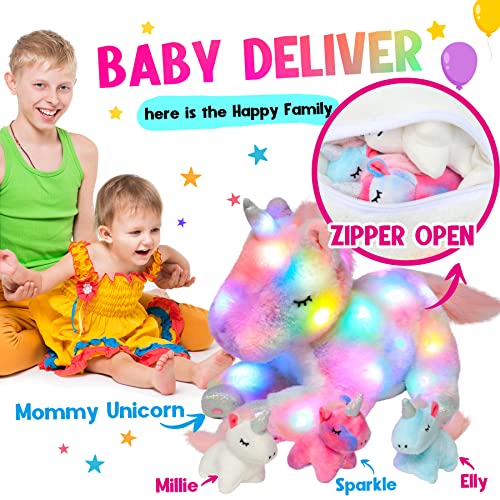 Hopearl LED Plush Unicorn Lighting Up Stuffed Mommy Unicorn with 3 Baby Unicorns in her Tummy Stuffed Animal Playset Night Lights Glow in The Dark for Mom Toddler Girls, Rainbow, 19'' - Image 7