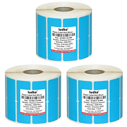 Image of tudko 38 mm X 25 mm (Blue) Chromo Barcode Paper Labels, 4000 Labels in Roll, Print with Carbon Ribbon, Set of 3 Roll, Self Adhesive Paper Label Roll