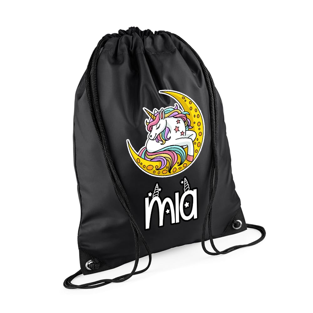 Unicorn Bag Gift For Girl, Personalised Backpack, Back To School Gift, Drawstring Bag, PE Gym Kit, Swimming, Sport Rucksack. (Black)