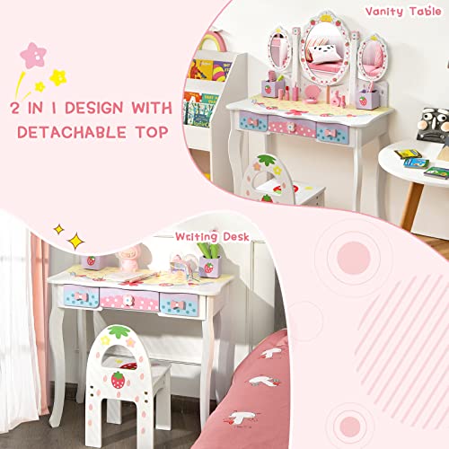 image for HONEY JOY Kids Vanity, Strawberry Princess Wooden Makeup Dressing Tabl