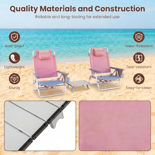 Image of Giantex Folding Beach Chair, Patio Sling Chairs with 5 Adjustable Position, Head Pillow, Storage Bag, Towel Bar, Cup Holders, Backpack Chairs for Sunbathing, Camping Chair
